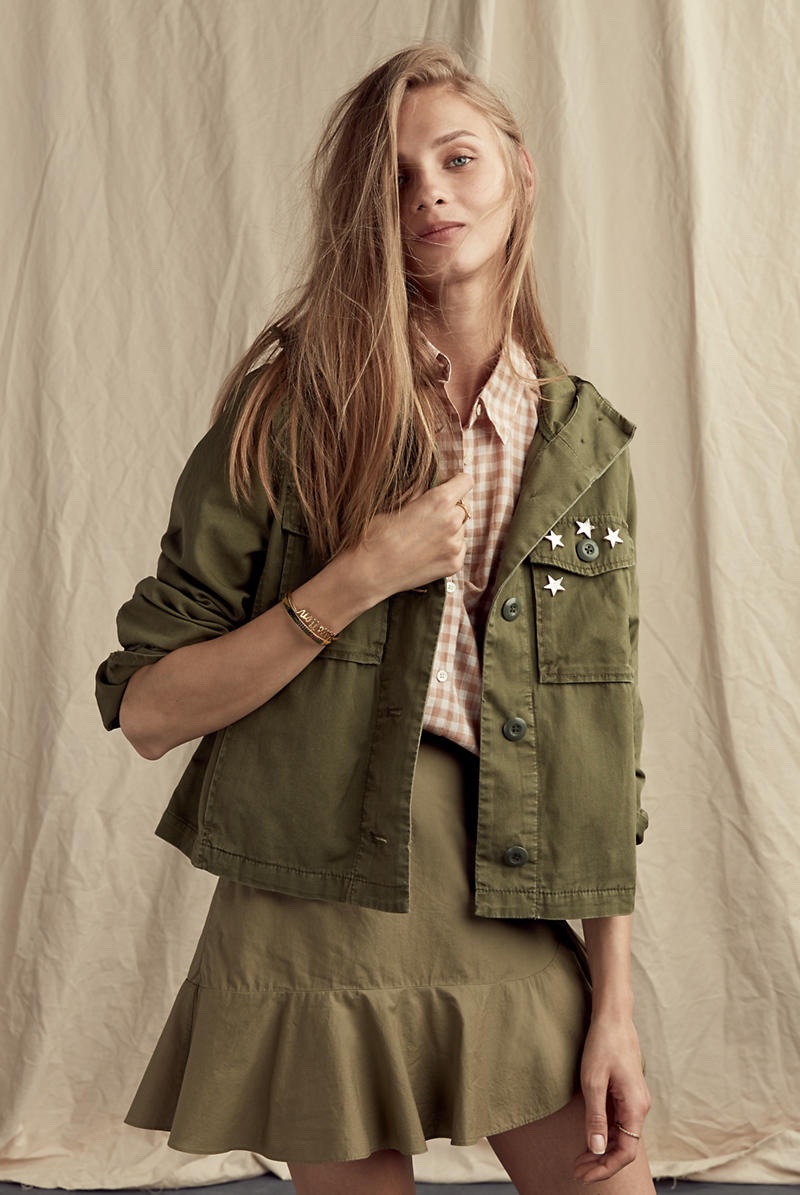 Madewell Cropped Anorak Jacket, Ruffle-Wrap Mini Skirt in Expat Olive and Courier Side-Button Shirt in Gingham Check