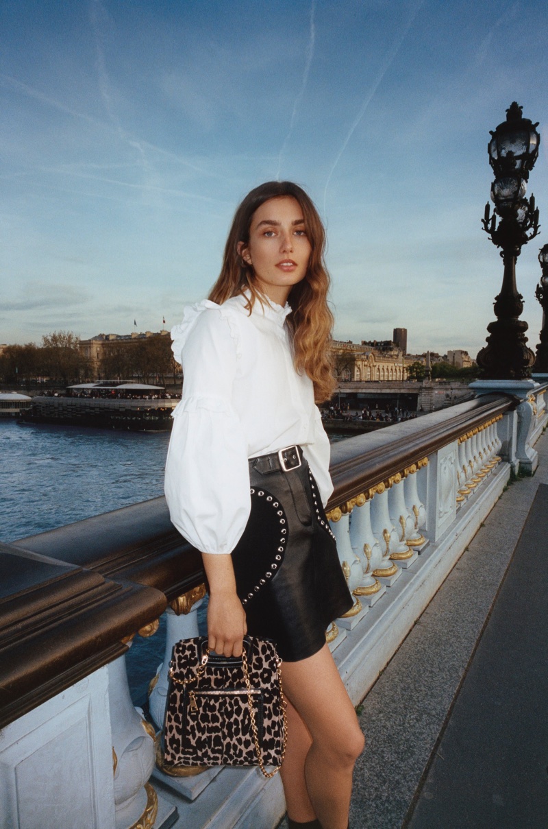 Andreea Diaconu poses in Paris for Maje's fall-winter 2017 campaign