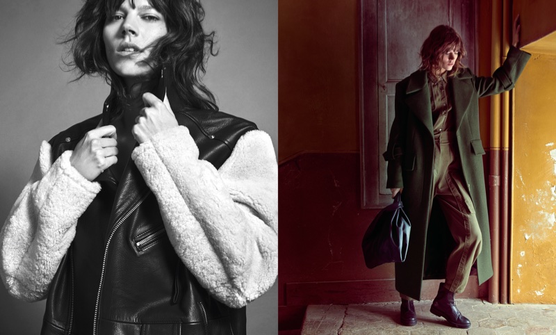 Freja Beha Erichsen wears a shearling jacket in Mango's fall-winter 2017 campaign