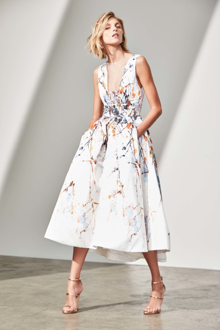 Monique Lhuillier Watercolor Mikado Sleeveless Tea-Length Gown $3,995