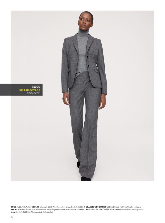 BOSS Julea Blazer $394.90 (on sale) and Tulea Plaid Wool Trousers ($183.90 (on sale). Classiques Entier Sleeveless Turtleneck Sweater $98.90 (on sale).