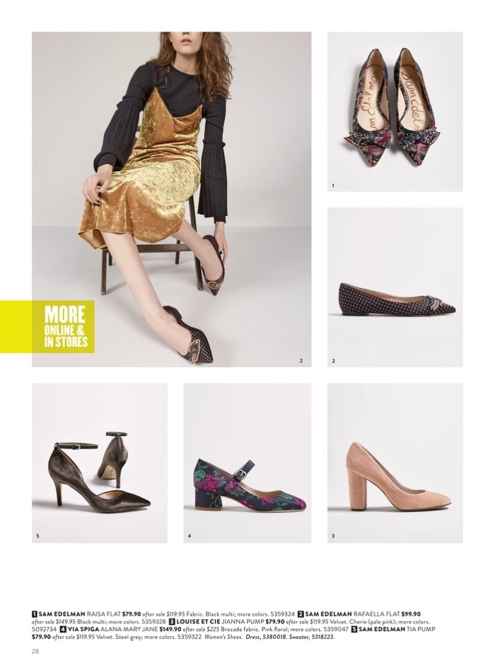 1. Sam Edelman Raisa Flat $79.90 (on sale) 2. Sam Edelman Rafaella Flat $99.90 (on sale) 3. Louise et Cie Jianna Pump $79.90 (on sale) 4. Via Spiga Alana Mary Jane $149.90 (on sale) 5. Sam Edelman Tia Pump $79.90 (on sale)