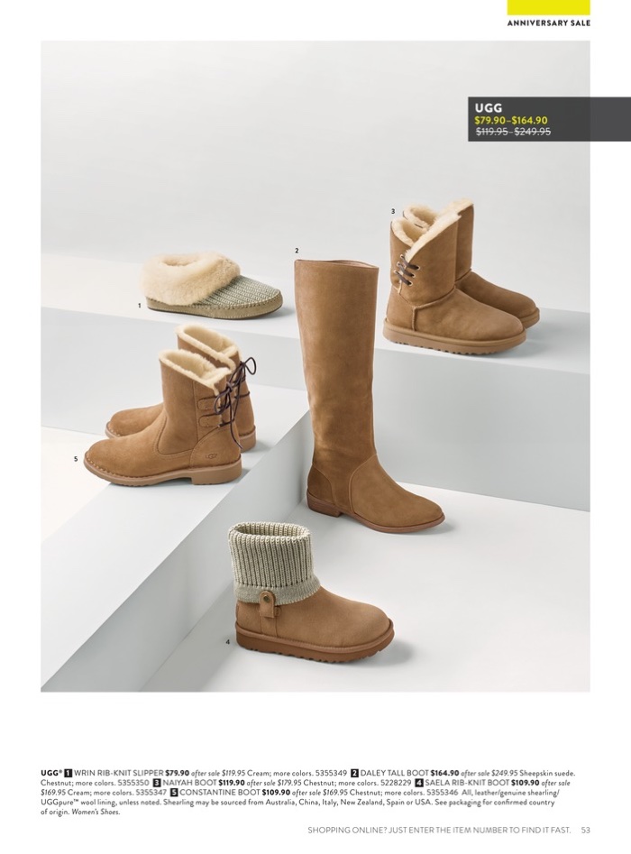 1. UGG Wrin Rib-Knit Slipper $79.90 (on sale) 2. Daley Tall Boot $164.90 (on sale) 3. Naiyah Boot $119.90 (on sale) 4. Saela Rib-Knit Boot $109.90 (on sale) 5. Constantine Boot $109.90 (on sale)