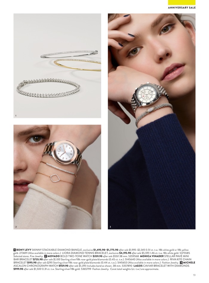 1. Bony Levy Skinny Stackable Diamond Bangle $1,495.90-$1,775.90 (on sale) and Liora Diamond Tennis Bracelet $4,195.90 (on sale). 2. Movado Bold Two-Tone Watch $359.90 (on sale) and Monica Vinader Stellar Pave Mini Bracelet $195.90 (on sale) 3. Michele Asacalon Chronograph Watch $929.90 (on sale) and Lagos Caviar Bracelet with Diamonds $999.90 (on sale)