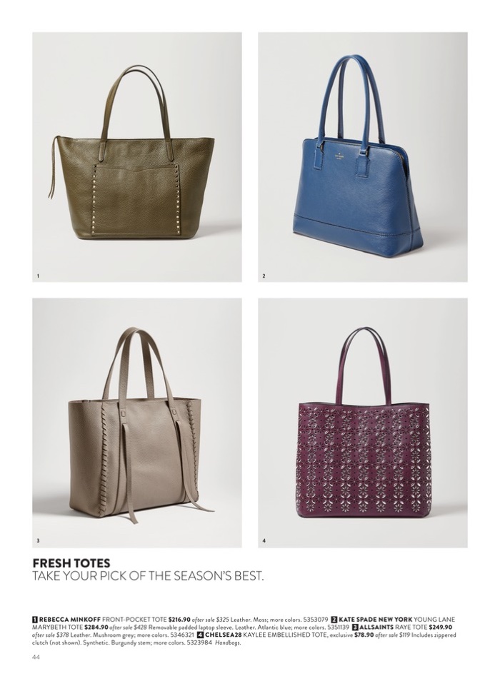 1. Rebecca Minkoff Front-Pocket Tote $216.90 (on sale) 2. Kate Spade New York Young Lane Marybeth Tote $284.90 (on sale) 3. AllSaints Raye Tote $249.90 (on sale) 4. Chelsea28 Kaylee Embellished Tote $78.90 (on sale)