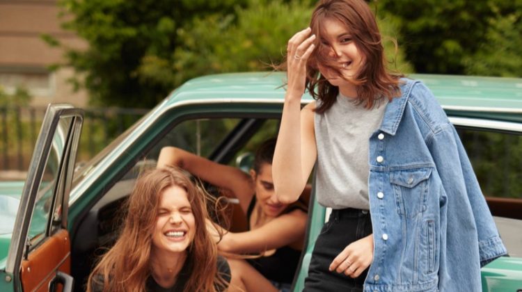 (Left) & Other Stories Graphic Print Tee and Denim Mini Shorts (Right) & Other Stories Boxy Shoulder Denim Jacket, Sleeveless Tank Top, Denim Skirt and Zebra Pointy Slippers