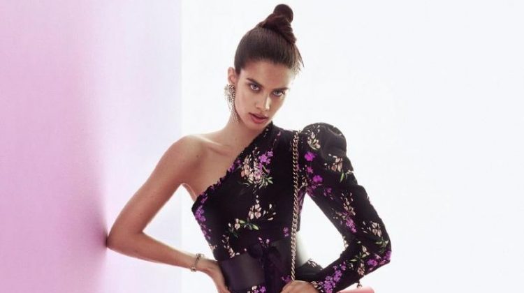 Sara Sampaio models an embroidered gown in Pinko's fall-winter 2017 campaign