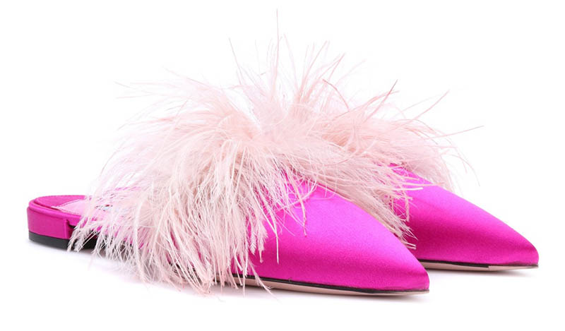 Prada Feather Trimmed Satin Slippers $620