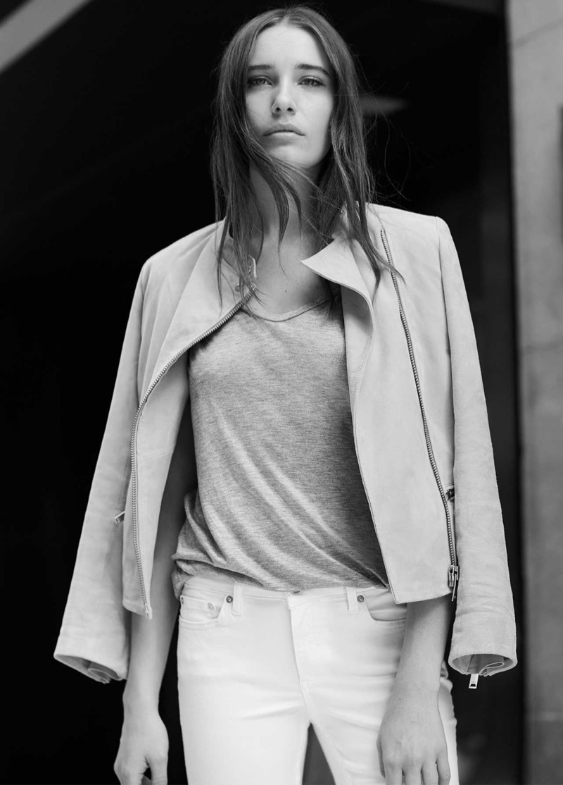 REISS Ryder Suede Biker Jacket $745 and Evie Scoop-Neck T-Shirt $55