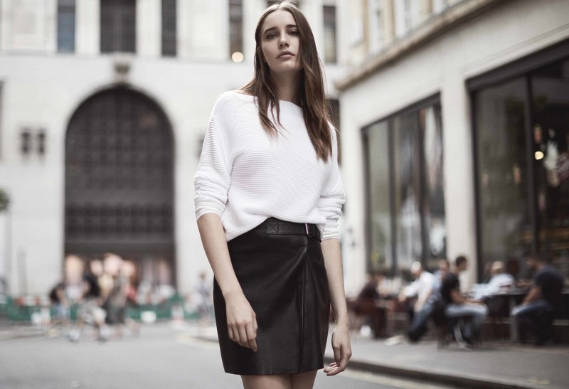 REISS Katherine Ripple-Stitch Jumper $245 and Ace Buckle-Detail Leather Wrap Skirt $500