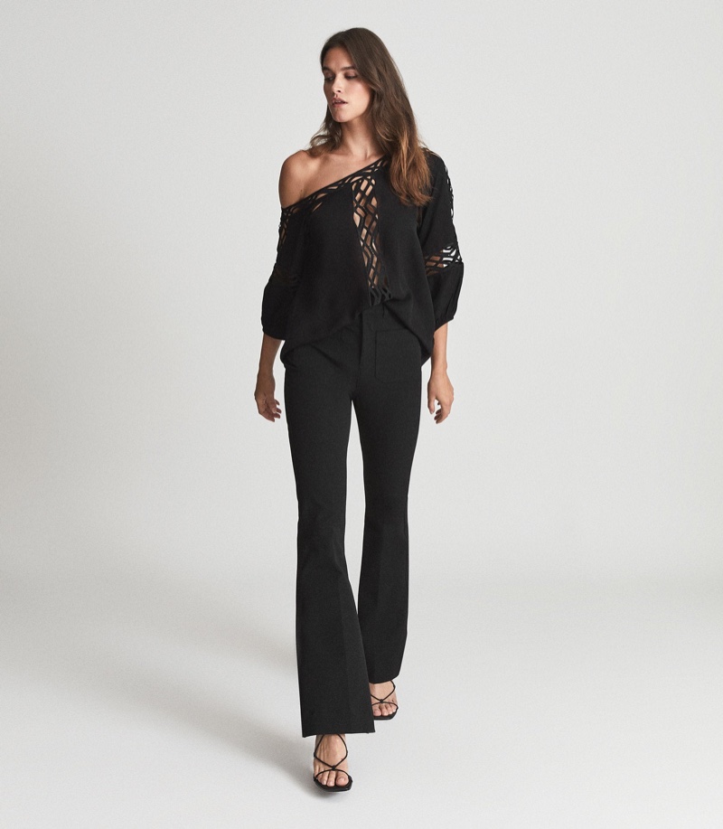 Reiss Leena Lace Detail Blouse in Black $245