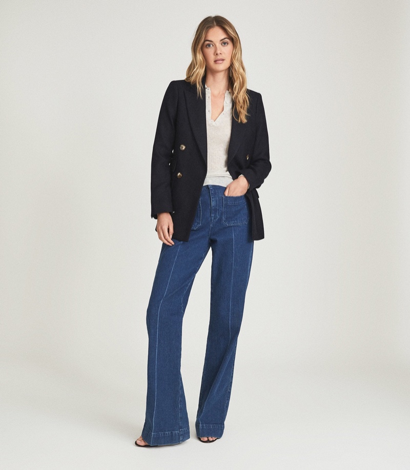 Reiss Logan Double Breasted Twill Blazer in Navy $545