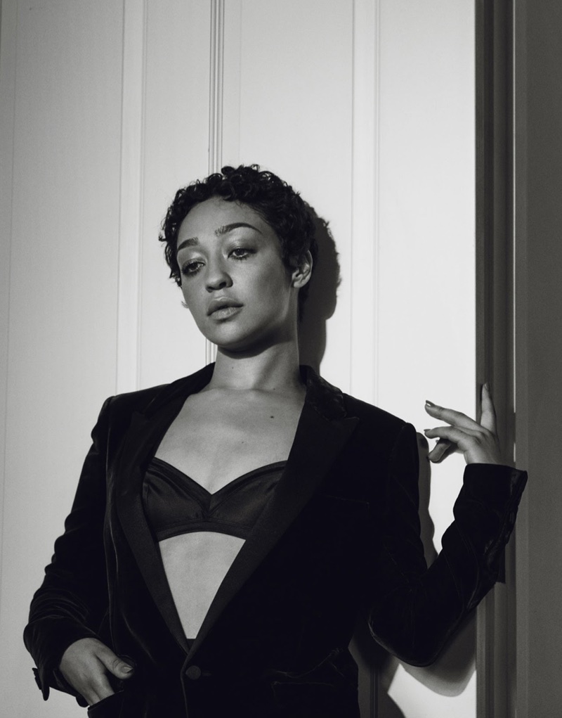 Actress Ruth Negga poses in Saint Laurent tuxedo blazer and Eres triangle bra