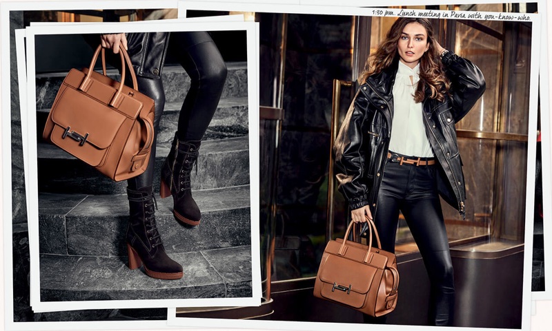 Model Andreea Diaconu looks cool in leather for Tod's fall-winter 2017 campaign