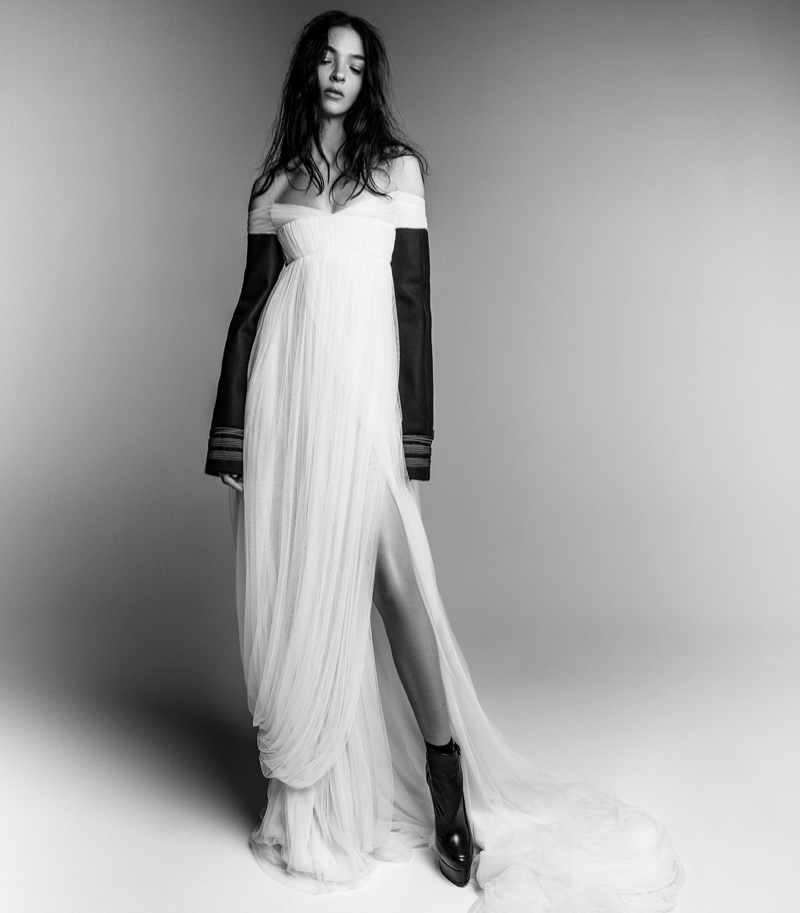 Mariacarla Boscono poses in white gown for Vera Wang's fall-winter 2017 campaign