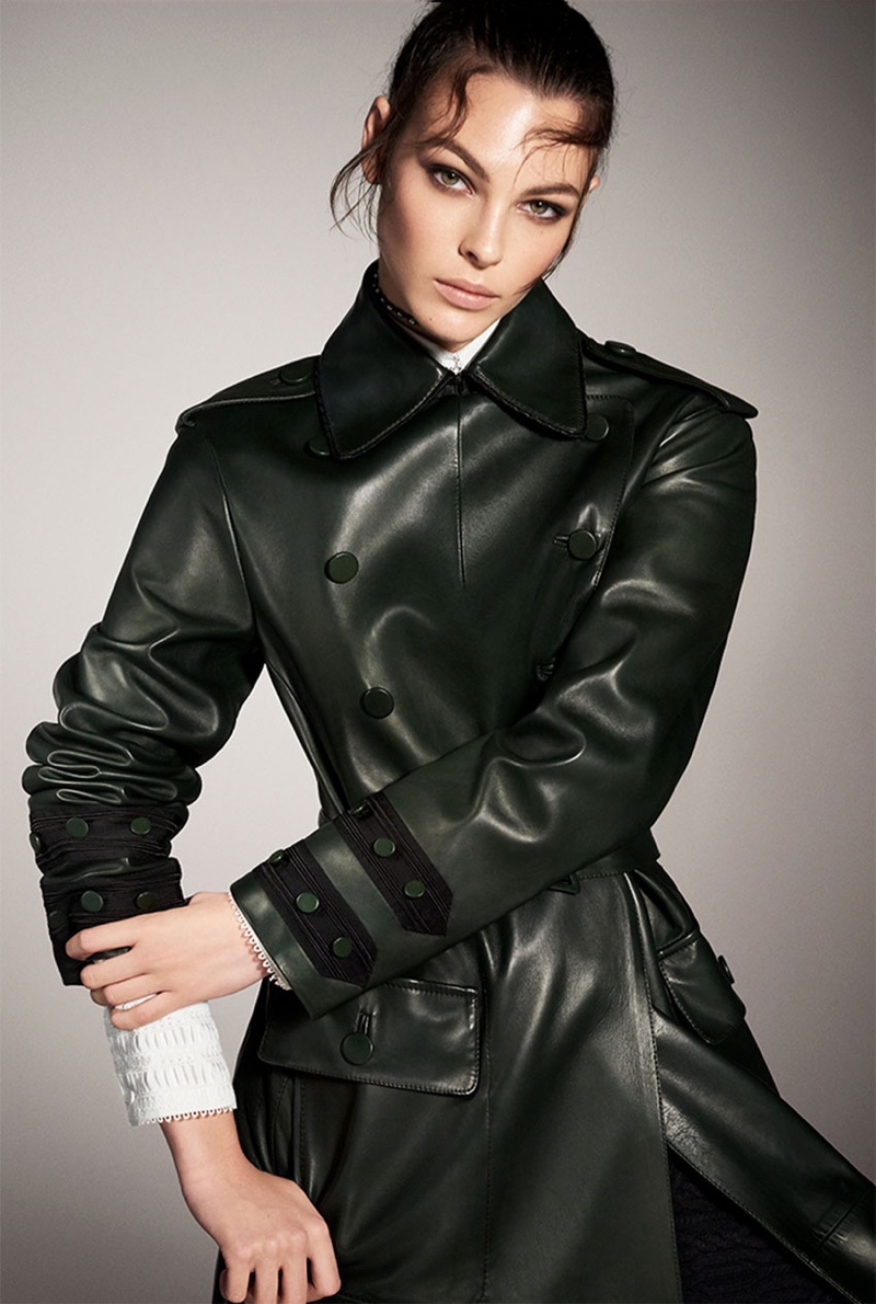 Vittoria Ceretti wears a leather trench coat in Zara's fall-winter 2017 campaign