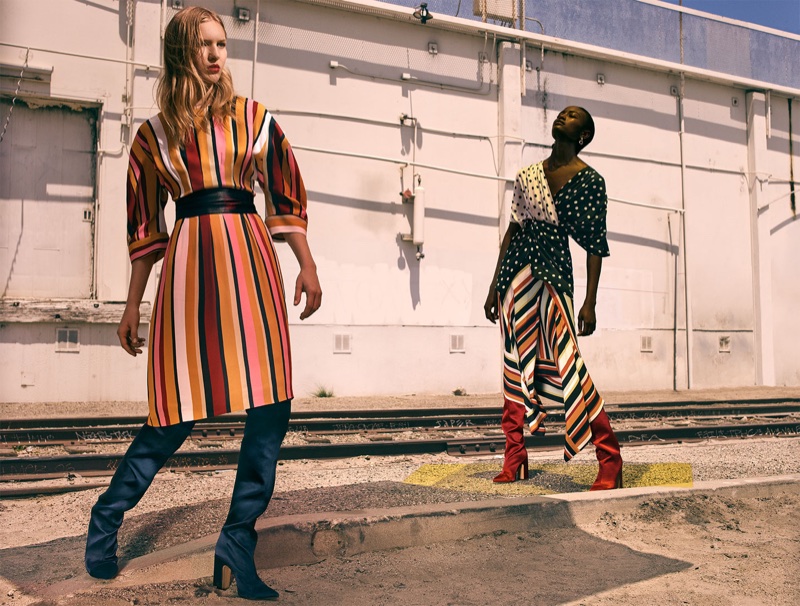 (Left) Zara Striped Dress and Sateen High Heel Boots (Right) Combined Polka Dot Shirt, Striped Wrap Skirt and Sateen High Heel Boot