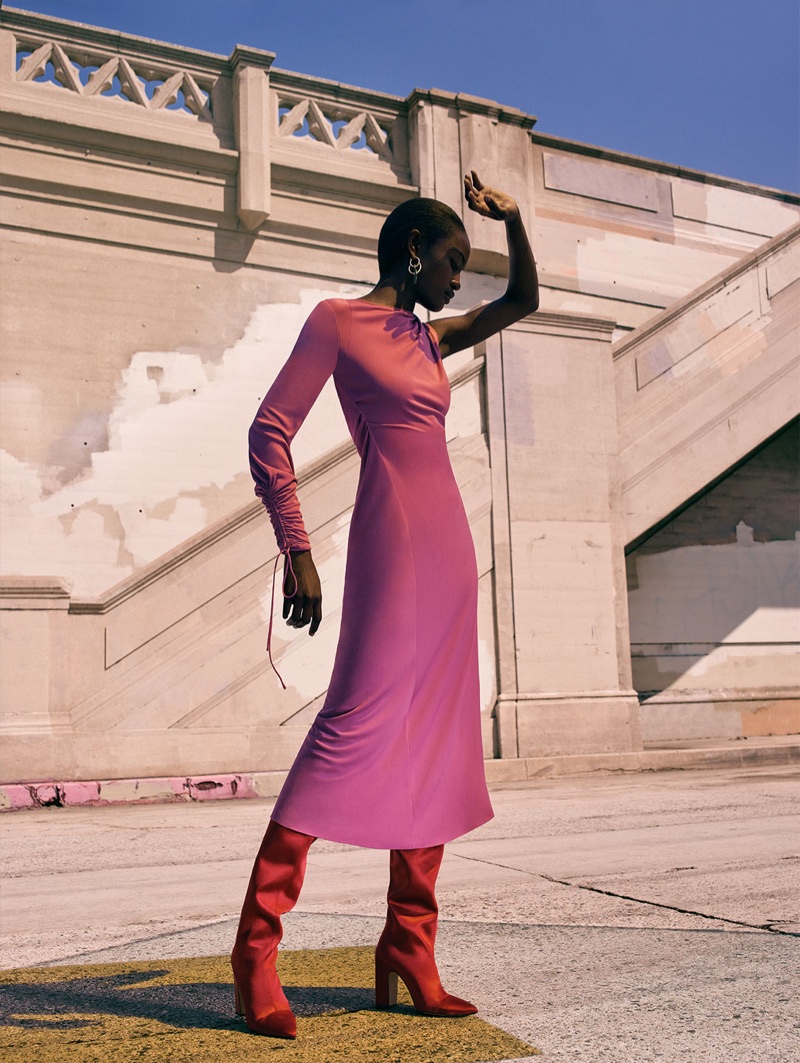 Zara Gathered Dress with Asymmetric Sleeves, Sateen High Heel Boots and Circular Earrings