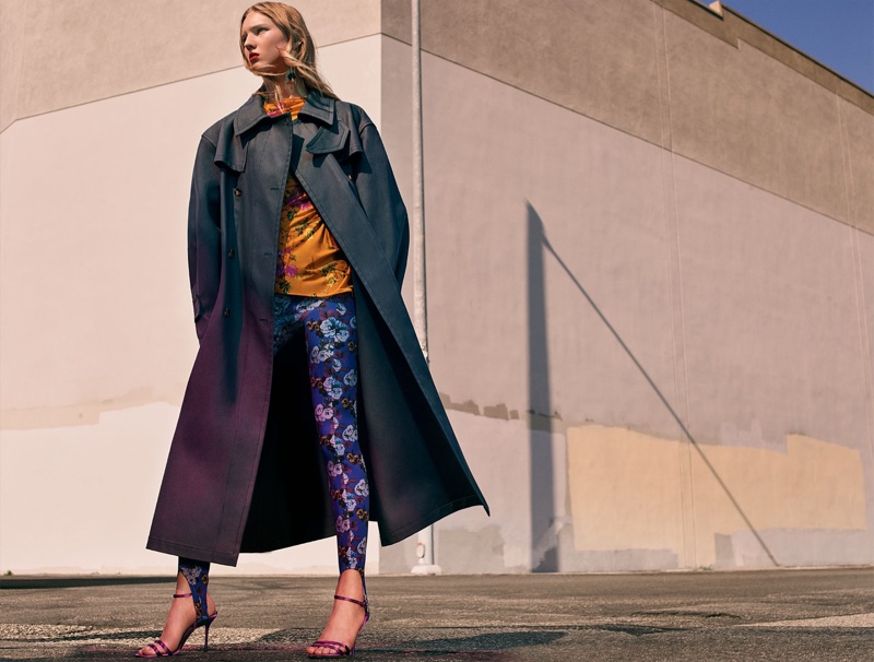 Zara Coat, Gathered Printed Top, Printed Leggings, Satin High Heel Sandals and Floral Earrings