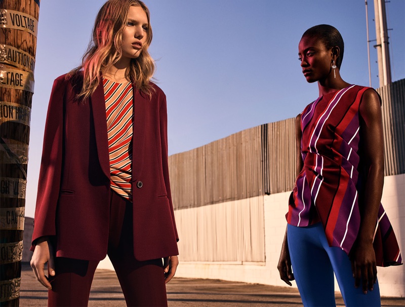 (Left) Zara Blazer with Tuxedo Collar, Striped Top and Skinny Suit Trousers (Right) Zara Draped Striped Top, Fuseau Leggings and Golden Earrings