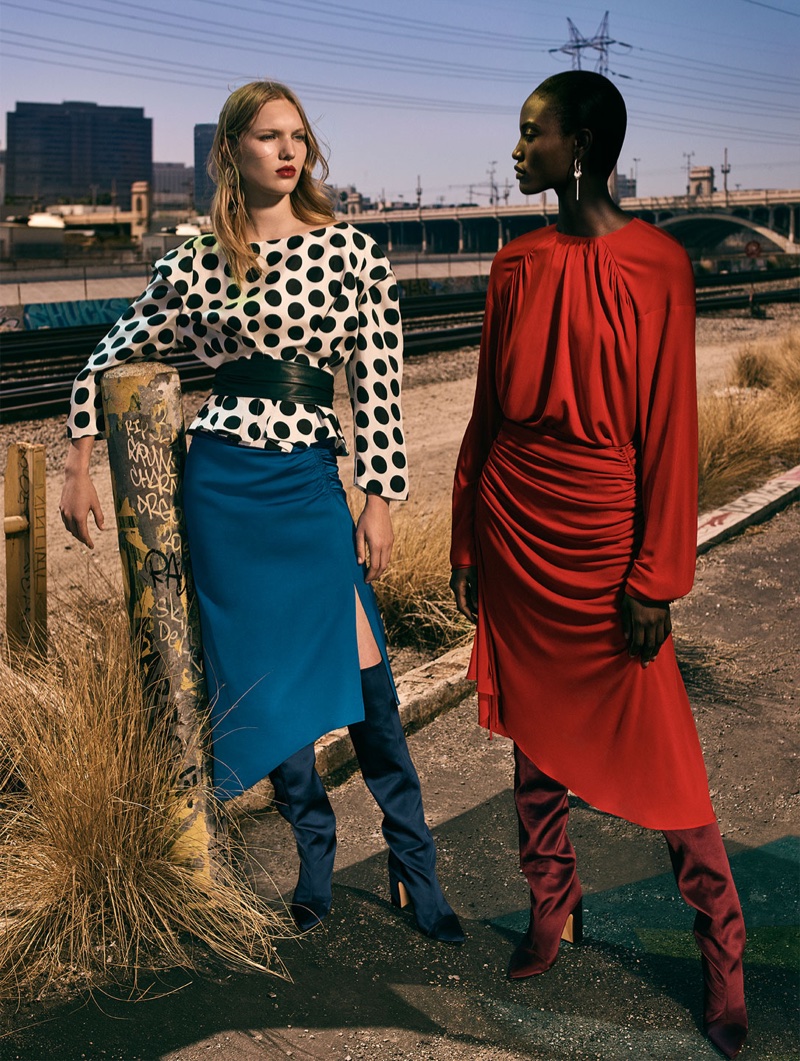 Zara Polka Dot Shirt, Asymmetric Blue Skirt and Sateen High Heel Boots (Right) Zara Top with Gathered Details, Skirt with Gathered Sides, Sateen High Heel Boots and Golden Earrings