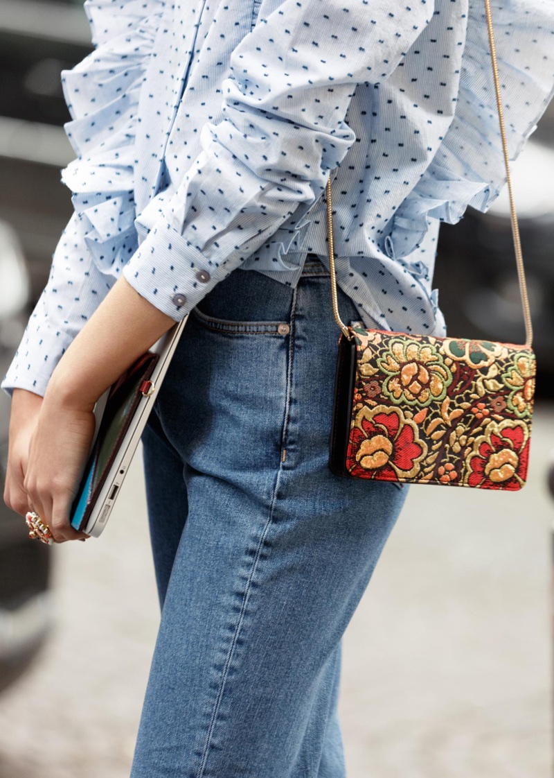 & Other Stories Frills Button Down Blouse, Cropped Flared Denim Jeans and Bloom Leather Minibag