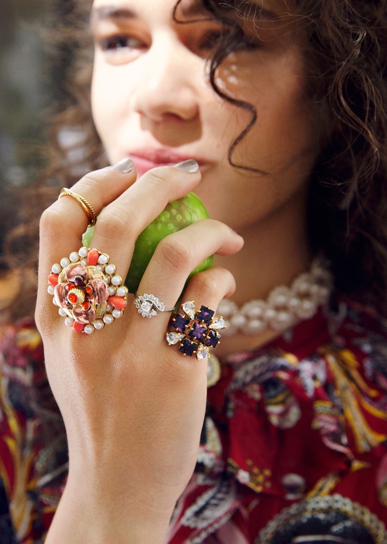 & Other Stories Climbing Flower Mini Dress, Pearl Choker, Crystal Ring, Glass Crystal Ring and Decorated Pearl Ring