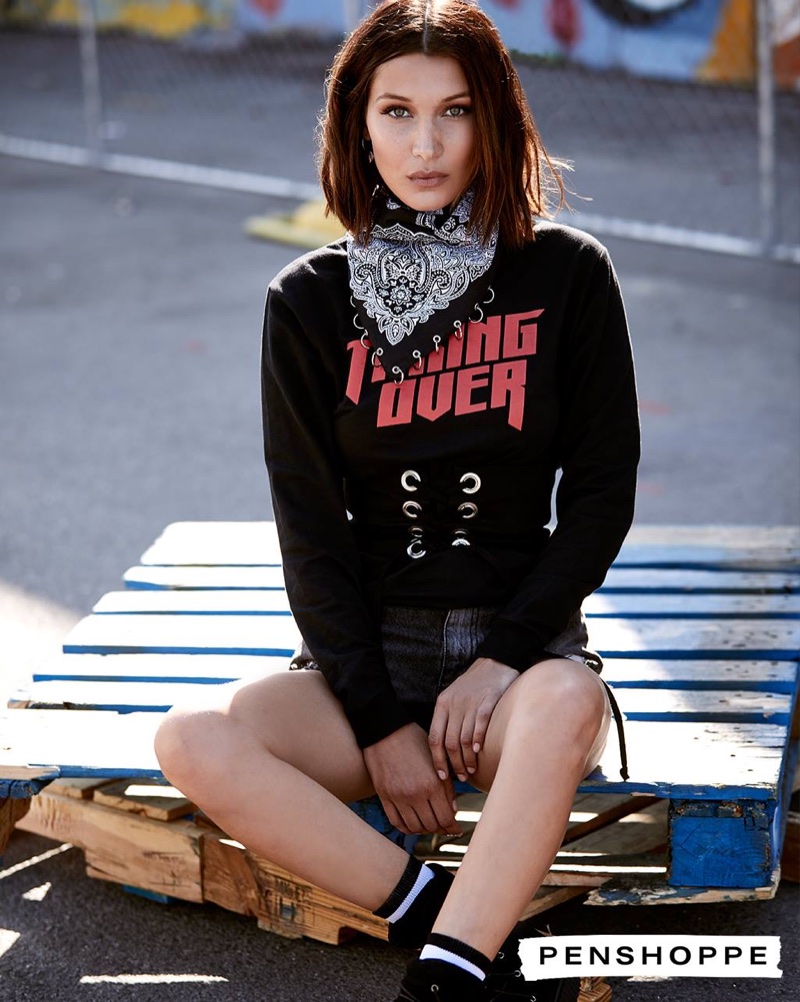 Bella Hadid wears a graphic print sweatshirt in Penshoppe's Generation Now campaign