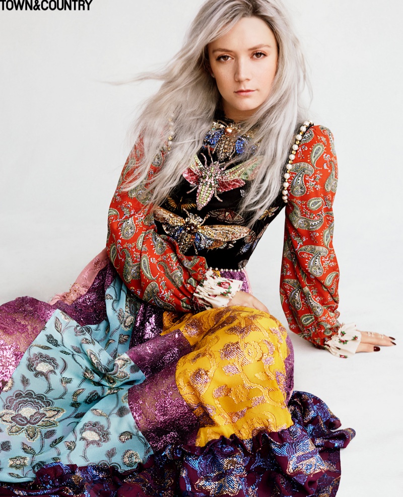 Billie Lourd poses in a printed gown from Gucci