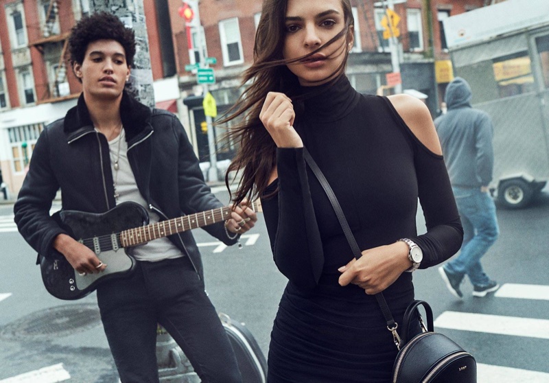 Emily Ratajkowski wears open shoulder top in DKNY's fall-winter 2017 campaign