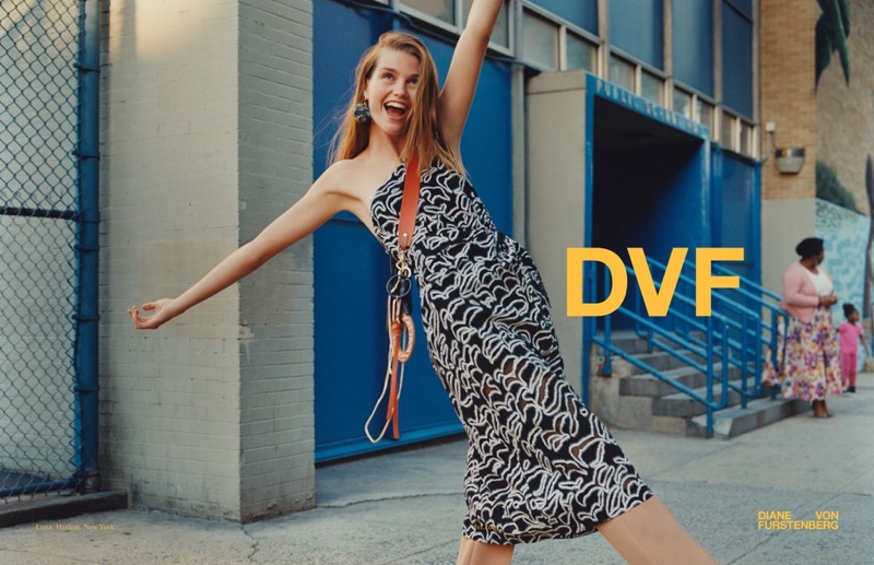 Luna Bijl wears DVF's signature prints for the brand's fall-winter 2017 campaign