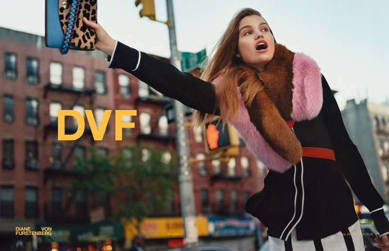 Luna Bijl flags a cab in Diane von Furstenberg's fall-winter 2017 campaign