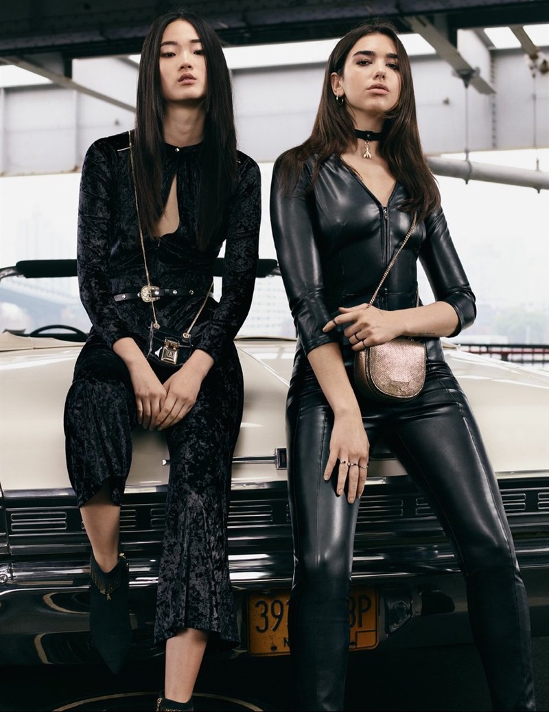 Dua Lipa wears a black catsuit in Patrizia Pepe's fall-winter 2017 campaign