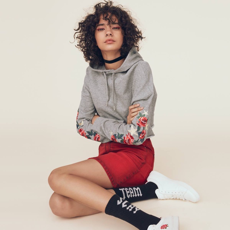 H&M Short Hooded Sweatshirt, Denim Skirt and Sneakers