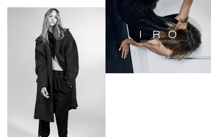 Sasha Pivovarova poses in oversized outerwear for IRO's fall-winter 2017 campaign