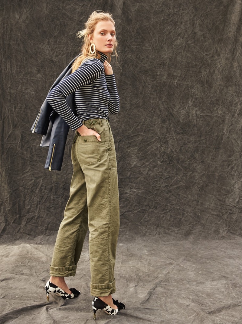 J. Crew Perfect-Fit Turtleneck in Stripe, The 2011 Foundry Pant, Lucie Bow Pumps in Floral Shadow and Oval Gold Earrings