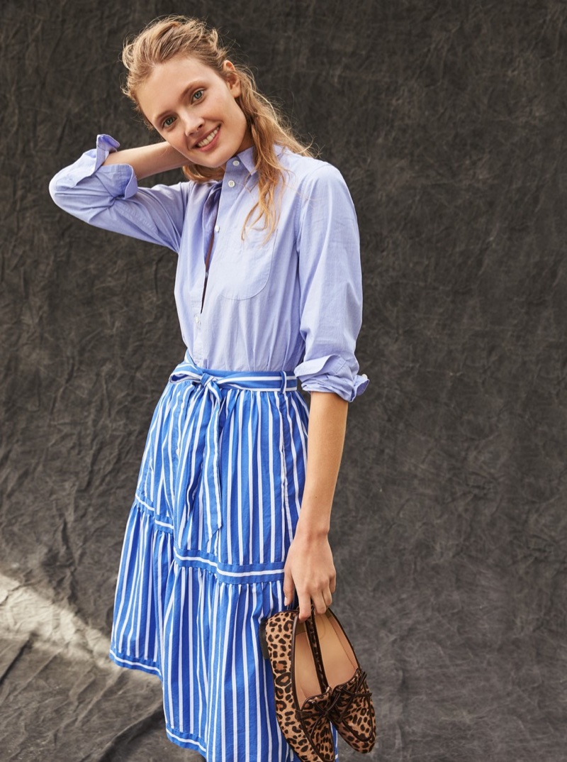 J. Crew Boyfriend Button-Up Shirt, Button-Front Striped Skirt and Academy Loafers in Leopard Calf Hair