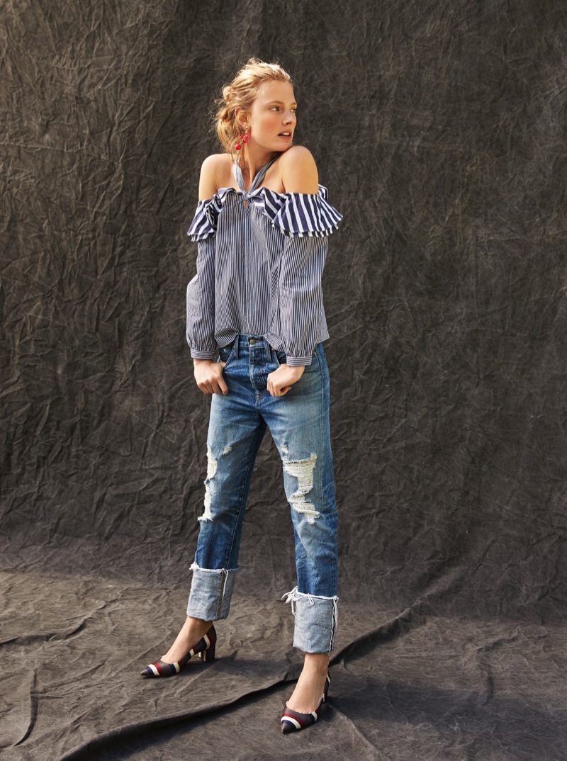 J. Crew Striped Off-the-Shoulder Tie-Neck Top, Point Sur Distressed Selvedge Jean with Long Cuff, Peapod Earrings and Avery Striped Pumps