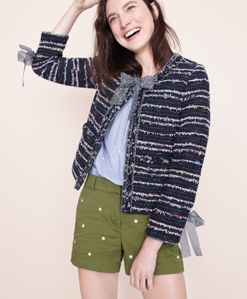 J. Crew Perfect Top with Embroidery, Tweed Lady Jacket with Ties and Embroidered 4" Chino Short