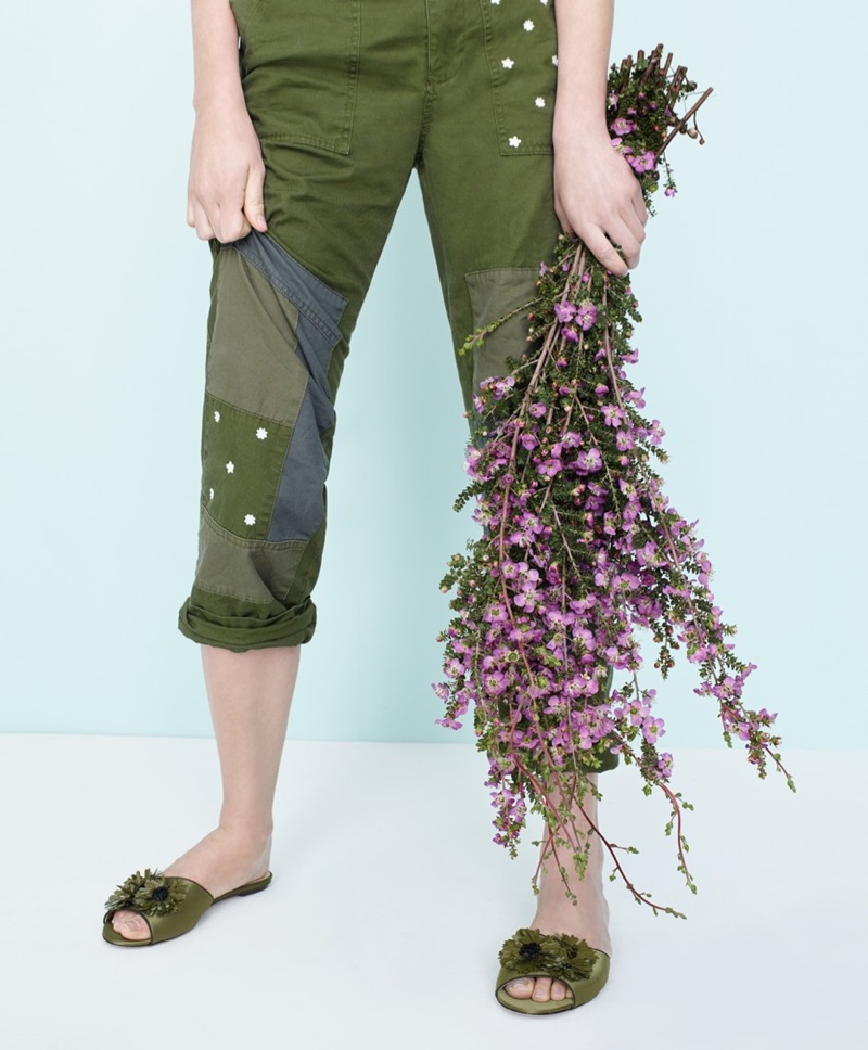 J. Crew Embroidered Boyfriend Chino with Patches and Satin Slides with Floral Embellishments
