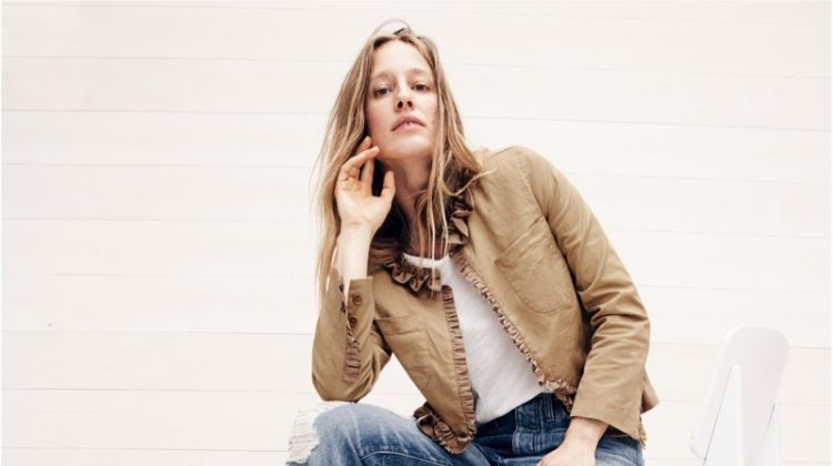 J. Crew Ruffle Chino Jacket, New Vintage Cotton T-Shirt, Point Sur Distressed Selvedge Jean with Long Cuff and Lily Ballet Flats in Crackled Leather