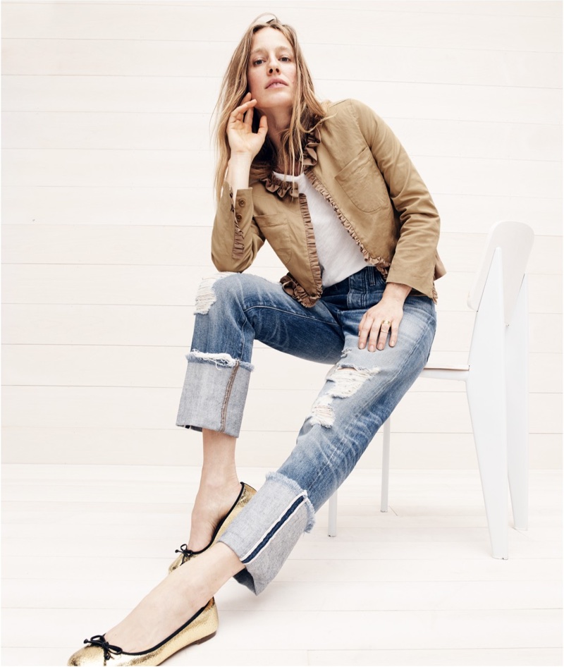 J. Crew Ruffle Chino Jacket, New Vintage Cotton T-Shirt, Point Sur Distressed Selvedge Jean with Long Cuff and Lily Ballet Flats in Crackled Leather