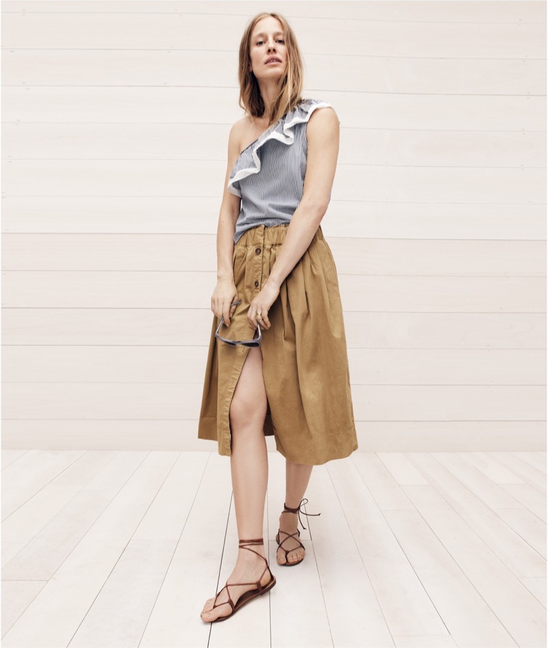 J. Crew One-Shoulder Ruffle Top in Stripe, Button-Front Chino Skirt, Leather Lace-Up Sandals and Betty Sunglasses