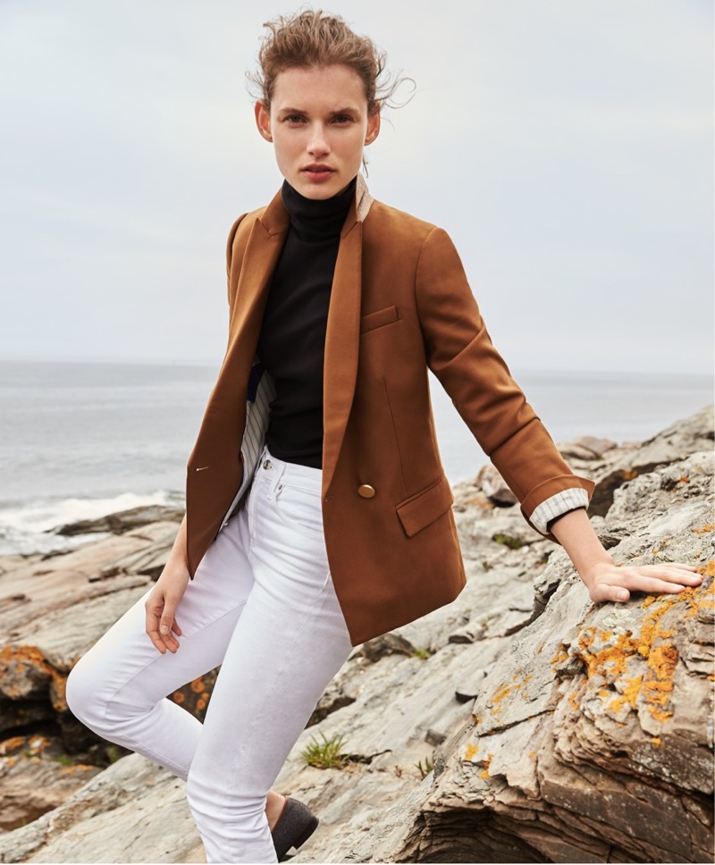 J. Crew Dover Blazer in Italian Wool, Perfect-Fit Turtleneck, 9" High-Rise Toothpick Jean in White and Academy Loafers in Flannel