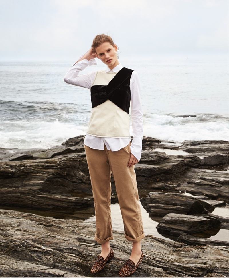 Thomas Mason for J. Crew Boy Shirt, J. Crew Collection Natural Denim Top with Velvet Overlay, Boyfriend Chino Pant and Academy Loafers in Calf Hair