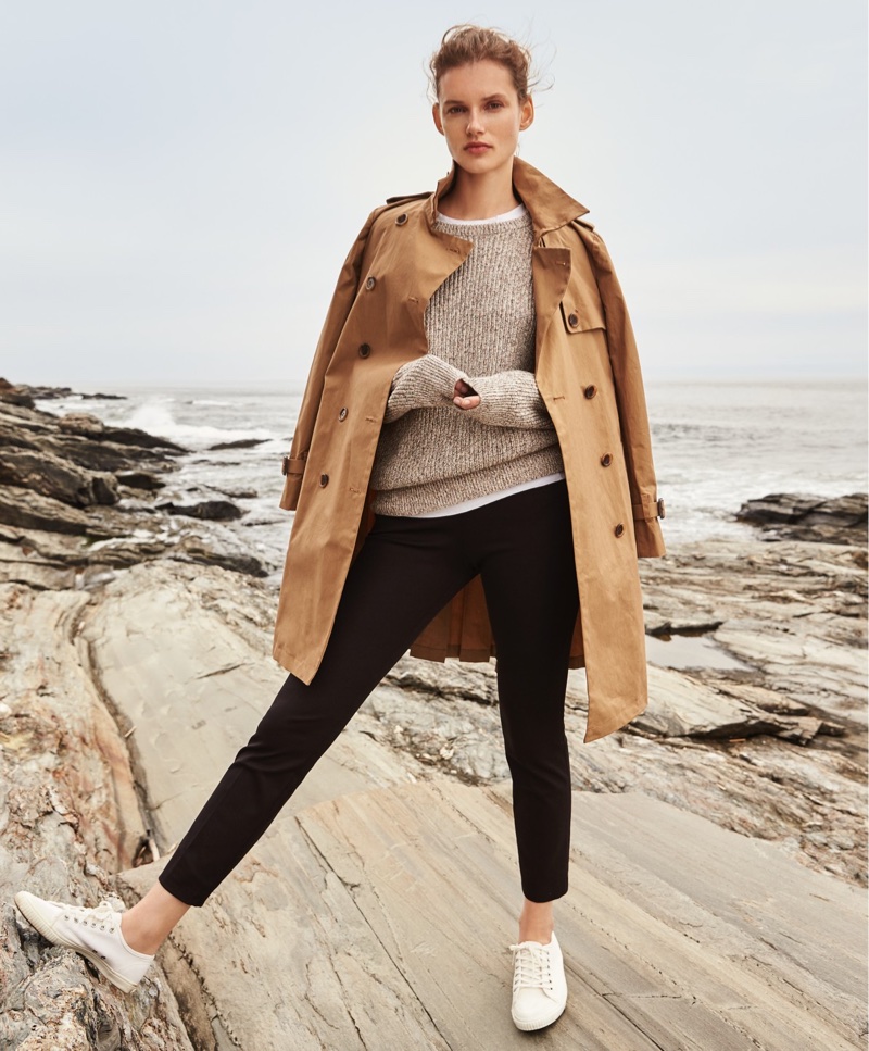 J. Crew Pleated Trench Coat, New Vintage Cotton T-Shirt, Marled Cotton Crewneck Sweater, Martie Slim Crop Pant and Tretorn Canvas T56 Sneakers