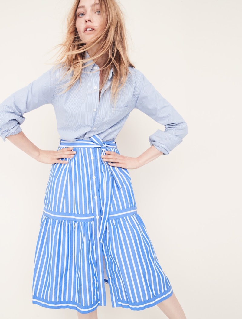 J. Crew Secret Wash Shirt in Fine Stripe and Button-Front Striped Skirt