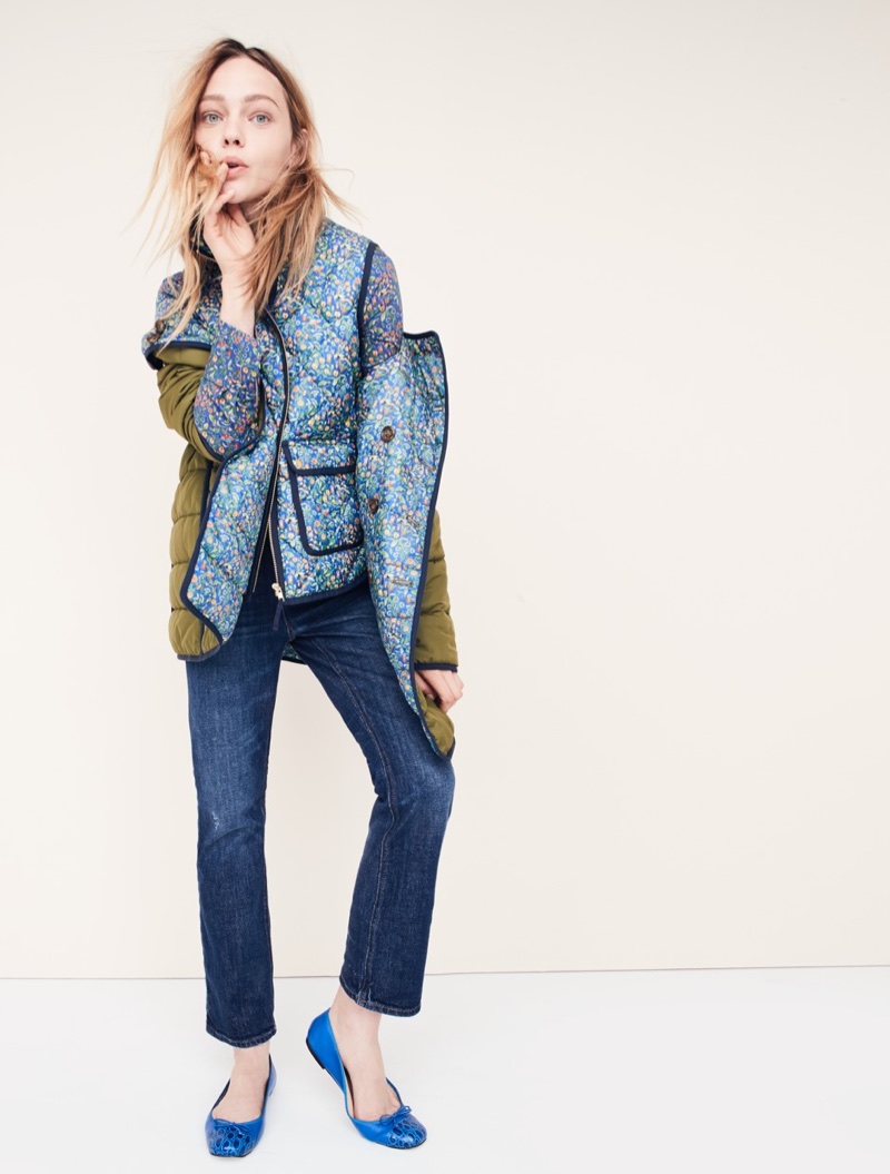 J. Crew Perfect Shirt Liberty Catesby Floral, Excursion Vest in Liberty Catesby, Reversible Puffer Jacket in Liberty Catesby Floral, Billie Demi-Boot Crop Jean in Loma Visra Wash and Lily Cap-Toe Ballet Flats