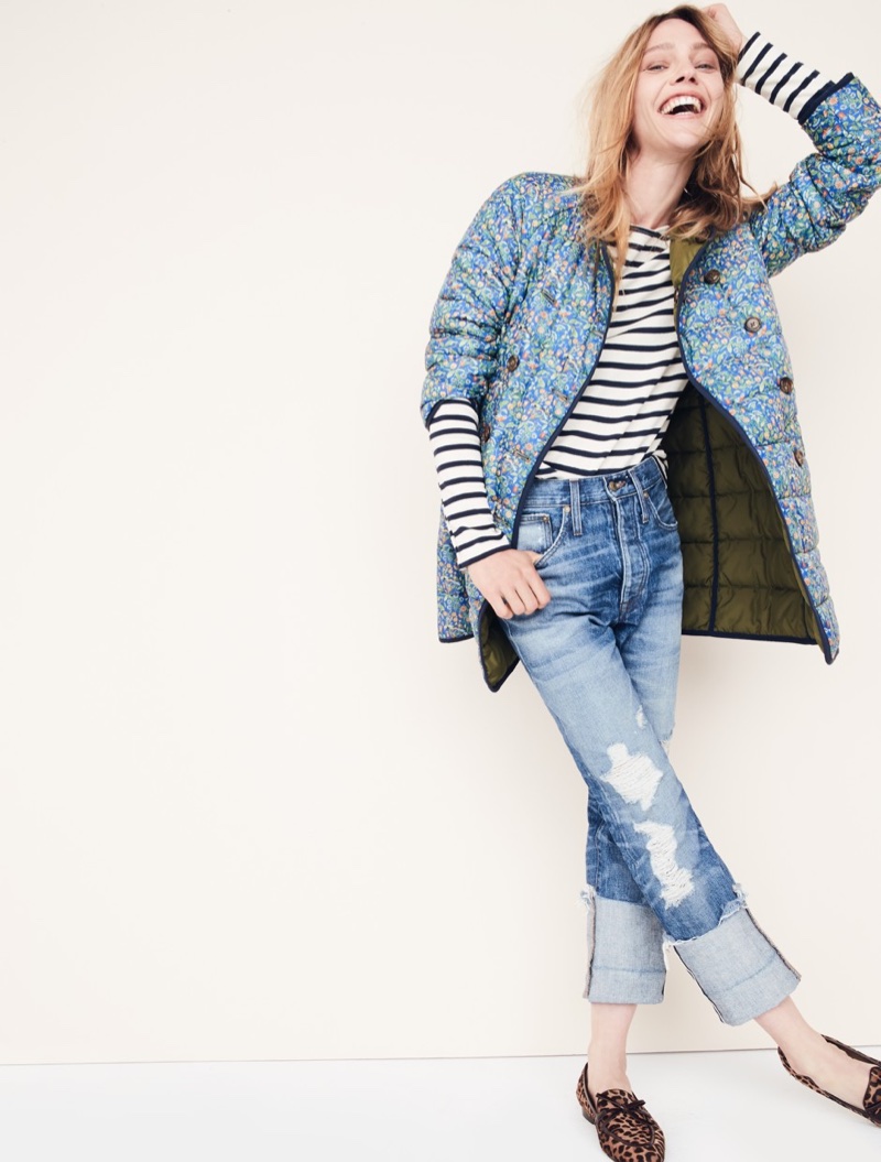 Saint James Meridien II Nautical T-Shirt, J. Crew Reversible Puffer Jacket in Liberty Catesby Floral, Point Sur Distressed Selvedge Jean with Long Cuff and Academy Loafers in Calf Hair