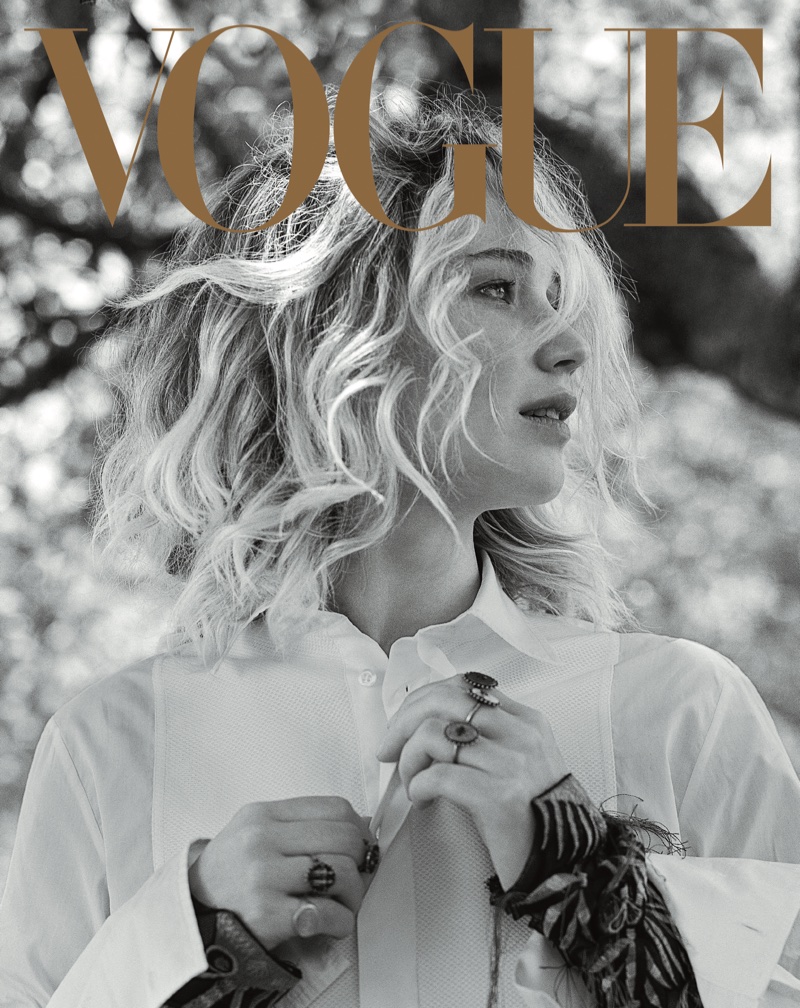 Actress Jennifer Lawrence wears Dior shirt and jewelry. Photo: Vogue/Bruce Weber